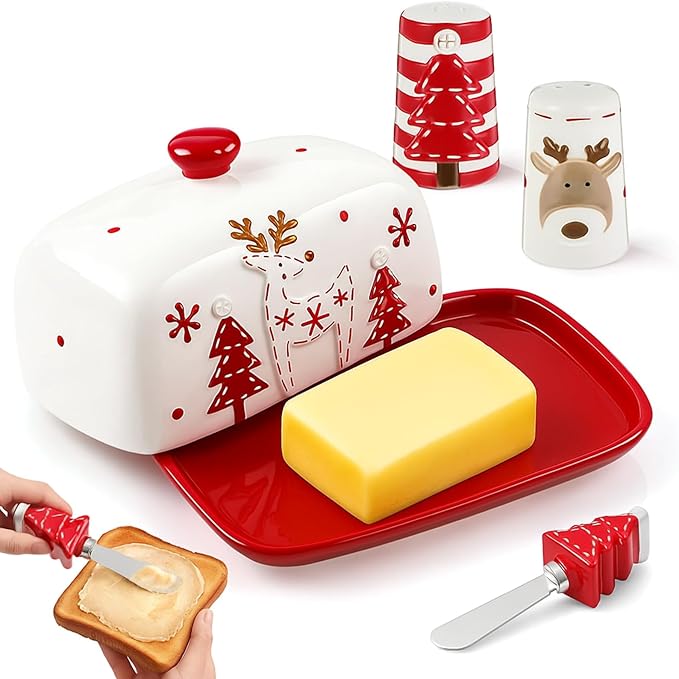 Ziliny 4 Pcs Christmas Dishes Set Include 1 Ceramic Elk Butter Dish with Lid 2 Salt and Pepper Shakers and 1 Christmas Tree Cheese Spreader with Stainless Steel Blade for Winter Festive Dinner Gift