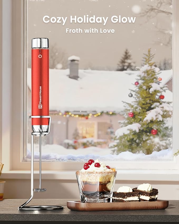 Maestri House Rechargeable Milk Frother with Stepless Speed Control, Handheld Electric Foam Maker Waterproof Drink Mixer Foamer with Stainless Steel Stand & Whisks (Santa Red (Gift Box))
