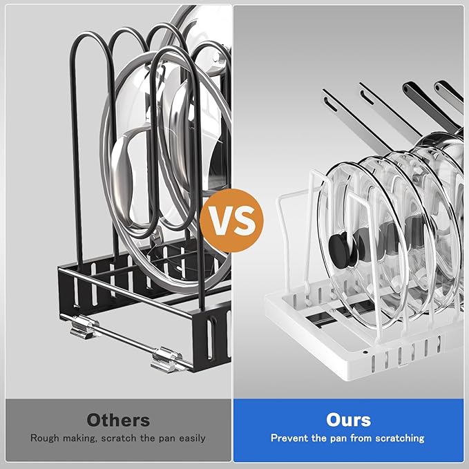Mustorn Pots and Pans Organizer Under Cabinet, 21.6" Deep Pull Out Pot Lid Organizer Holder with Guardrail Adhesive Pot and Pan Holder Rack with 10 Adjustable Dividers-1 Pack(White)