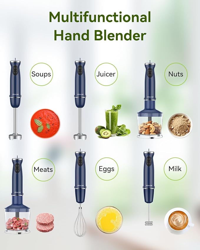 Immersion Blender Handheld 5 in 1 Hand Blender, 1000W Hand Mixer Stick, BPA-Free 12 Speed Handheld Blender 304 Stainless, Beaker, Chopper, Whisk and Milk Frother, Soup, Smoothies, Baby Food, Sauce