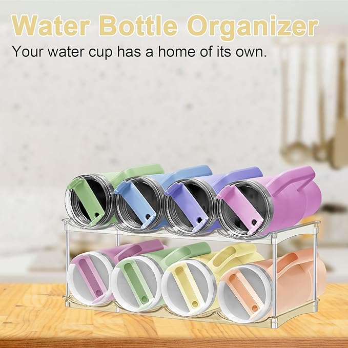 Stackable Water Bottle Organizer for Stanley 40oz Tumblers – Acrylic Water Bottle Holder for Cabinet, Pantry, Large Tumbler Organizer Storage Rack, Stanley Cup Storage, 2 Tier, Holds 8 Bottles