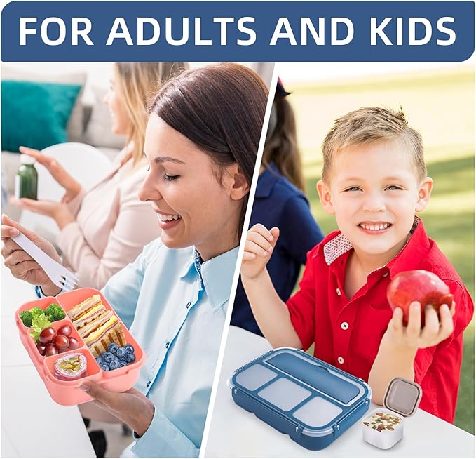 QQKO Bento Box Adult Lunch Box, Lunch Containers for Adults Men Women, Kids Lunch Boxes for School with 4 Compartments, Sauce Container, Utensils and Muffin Cups, Navy