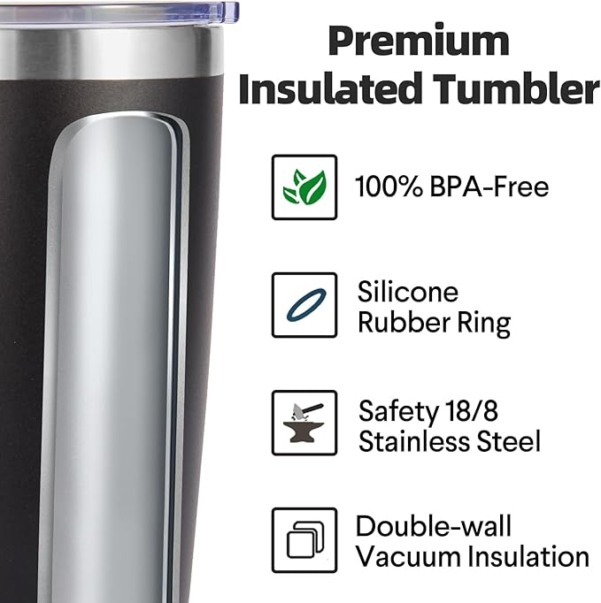 Volhoply 20oz Stainless Steel Tumbler with Lid and Straw,Double Wall Insulated Travel Iced Coffee Mug Fits Car Cup holder,Powder Coated Cups for Hot and Cold Drinks,Gifts for Women Men（Black,1 Set）