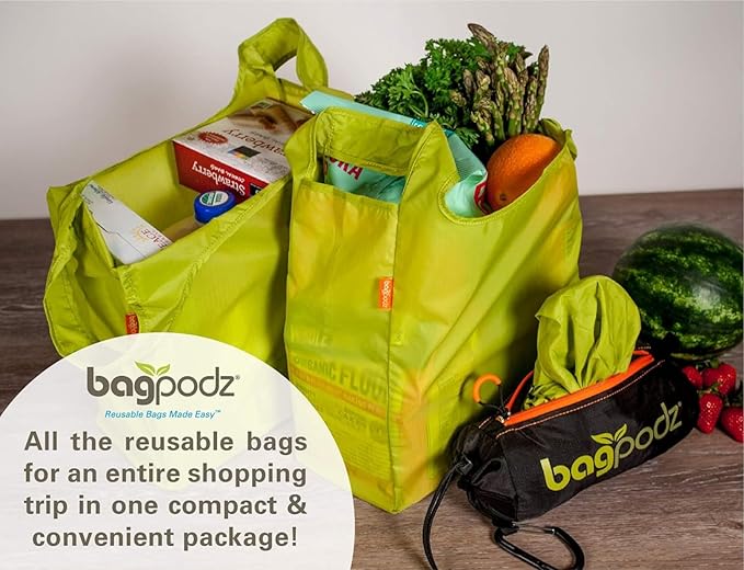 Sturdy Reusable Grocery Bags Foldable and Washable - Made From RipStop Nylon Hold 50lbs - Designed in USA Reusable Shopping Bags Inside a Compact Pod with Carry Clip - 5 Pack in Green