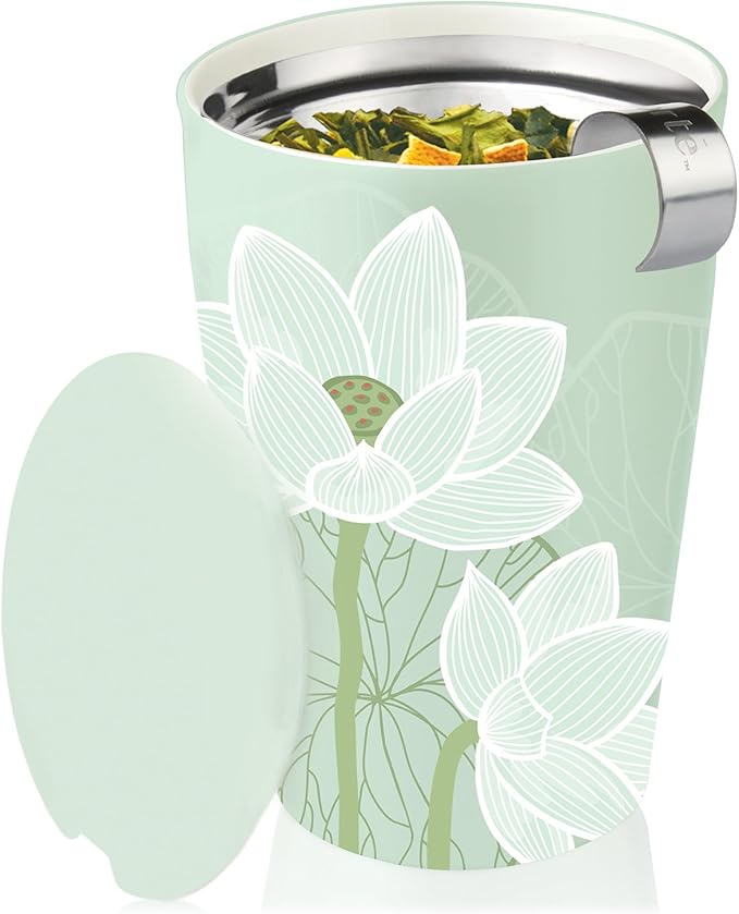 Tea Forte Double-Walled Ceramic Kati Cup, Removable Stainless Steel Infuser Basket and Lid, Steeps 12 oz Loose Leaf Tea, Dishwasher & Microwave Safe, Gifts for Mom, Lotus Blossom