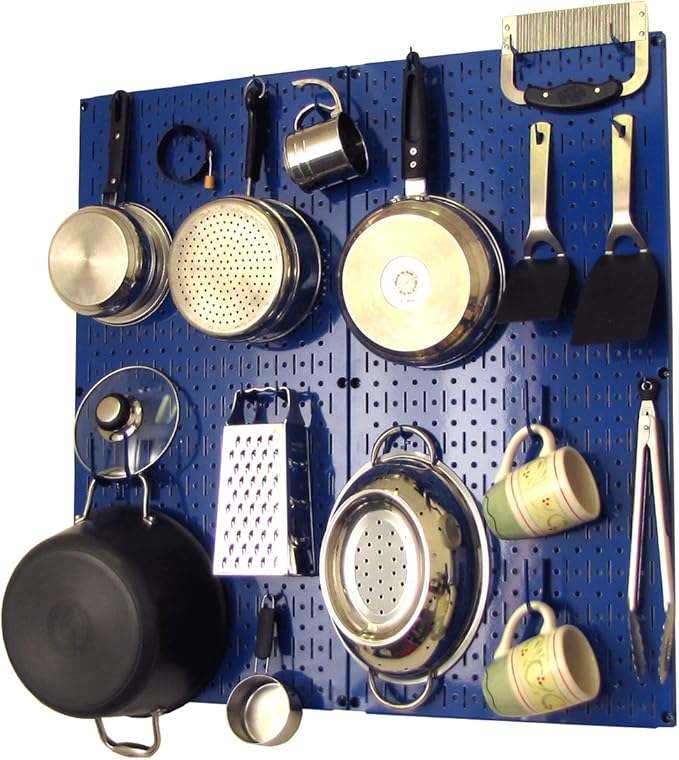 Wall Control Kitchen Pegboard Organizer Pots and Pans Storage Rack Organization Kit with Blue Pegboard and Blue Accessories