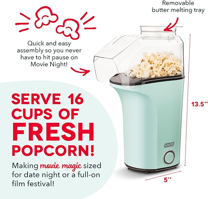 DASH Fresh Pop Popcorn Maker - Oil-Free, Air Popcorn Popper - With Measuring Cup & Recipe Guide - Perfect for Movie Nights - 16 Cups, Aqua