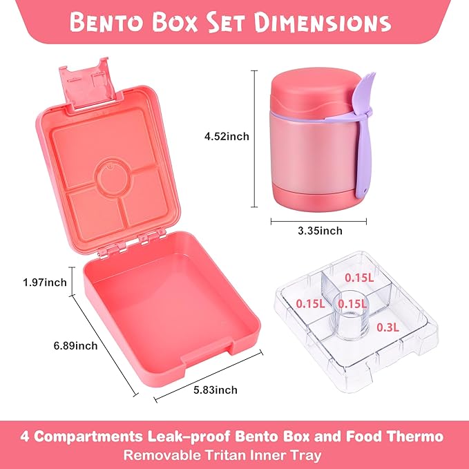 Pawtong Bento Lunch Box Set With 10oz Soup Thermo, Leak-proof Lunch Containers with 4 Compartment, Kids Hot Thermo Food Jar/Insulation Lunch Bag, Food Containers for School（Solid）