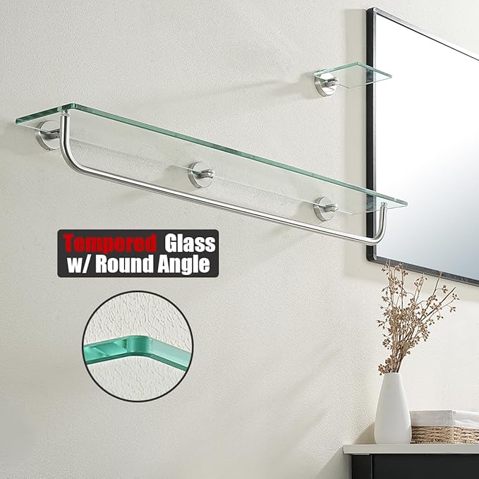 JQK Bathroom Glass Shelf, Shelf with 29 Inch Towel Bar Tempered Glass Shower Storage 30 by 5 inches, 304 Stainless Steel Brushed Finish Wall Mount, TGS100L30-BN