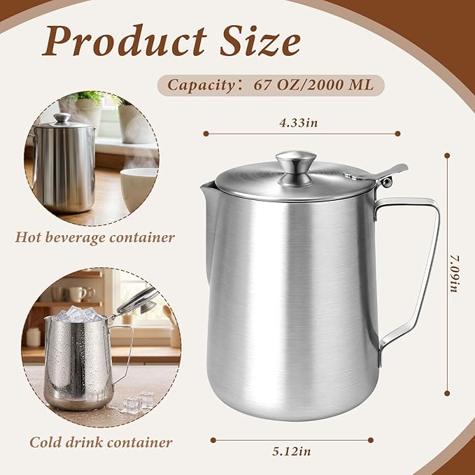 2 Pcs 67 oz/ 2 L Stainless Steel Pitcher with Lid Large Capacity Stainless Steel Metal Water Pitcher with Handle Milk Frothing Jug for Coffee Iced/Hot Tea Latte Art Homemade Beverages