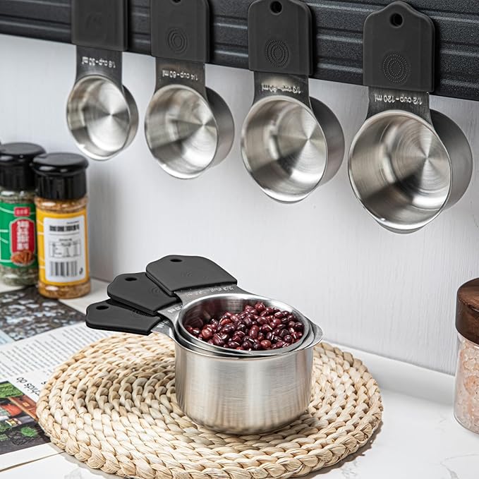 Magnetic Measuring Cups and Spoons Set, 7 Stainless Steel Measuring Cups and 7 Rectangular Metal Teaspoon with 1 Leveler for Cooking & Baking (Black)