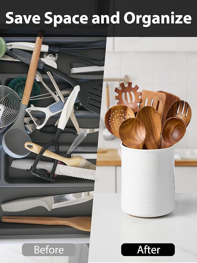 Utensil Holder, 6.7" Ceramic Kitchen Utensil Crock for Countertop Cooking, Modern Utensil Caddy Jar Organizer for Farmhouse Kitchen Counter Decor (White)