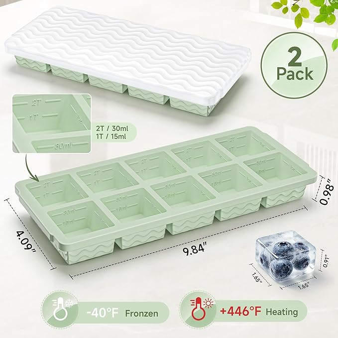 Aopigavi 2-Pack Ice Cube Trays, 10 Cubes 2 Tbsp. Silicone Freezer Molds with Lids, Reusable Ice Trays for Freezer, Kitchen, RV, Cocktail, Whiskey, Coffee, Soup & Food, BPA Free, Dishwasher Safety