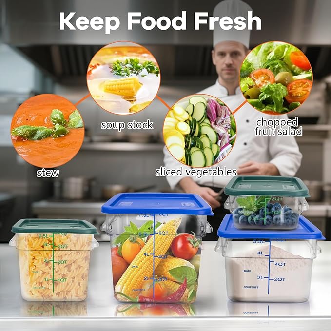 4 Pack Food Storage Containers with Green Lids, 4.0 Qt - Square, Clear, Polycarbonate