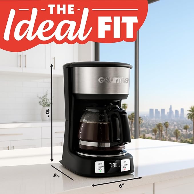 Gourmia Drip Coffee Maker – 5 Cup, One-Touch Brew, Pause & Serve, Adjustable 4 Hr Keep Warm, EZ-View Water Window, Black