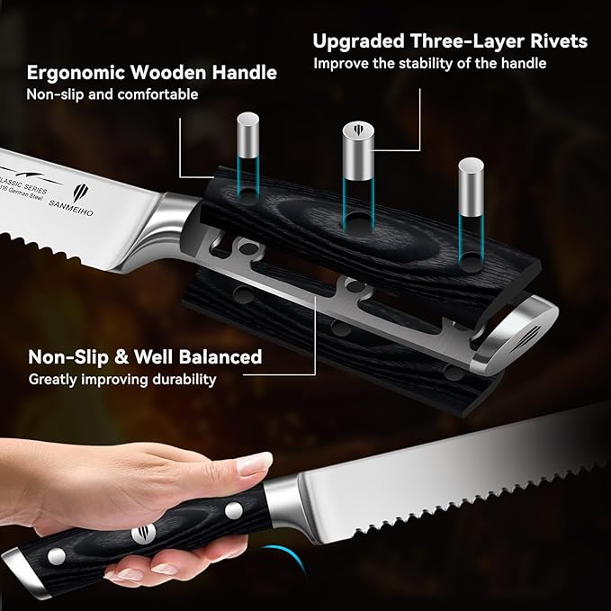 10" Bread Knife - Sourdough Slicing Knife Professional 5Cr15MoV Stainless Steel Serrated Knives, Ergonomic Wood Handle & Full Tang Design, Gift Box Included (Single-Edge