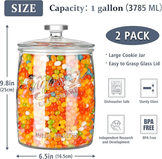Folinstall 2 Pack 1 Gallon Glass Cookie Jar, Large Glass Jar with Airtight lid, Glass Food Storage Container for Cookies, Candy, Flour, Dog Treats, Coffee, Apothecary Jars