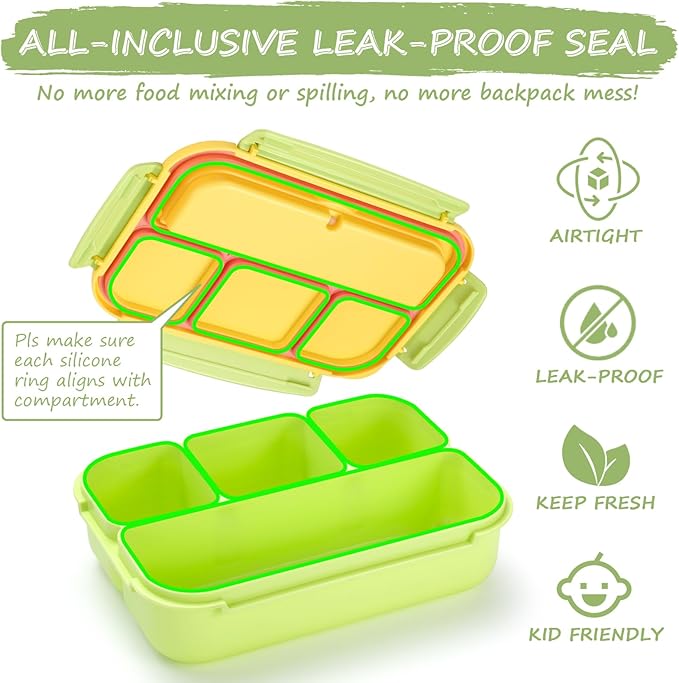 QQKO Bento Box for Kids Adults, School Toddler Lunch Box for Boys Girls, Lunch Box Containers with 4 Compartments, Sauce Container, Utensils, Food Picks and Muffin Cups for School, Pink Yellow Green