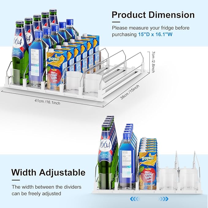 Dayacoco Drink Organizer for Fridge,5 Rows Fridge Soda Can Organizer,20oz 16oz 12oz-Self Pushing Soda Dispenser for Fridge,Adjustable Width-Holds up to 25 Cans,White