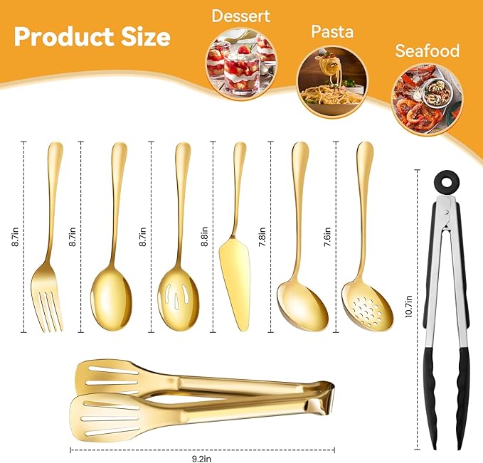 Gold Serving Utensils Set for Partie, Stainless Steel Metal Large Serving Spoons, Slotted Spoons, Forks, Tongs, Soup Spoons, Skimmer Spoon, Cake Server for Buffet, Catering, Entertaining 15pcs