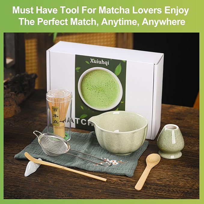 Matcha Whisk Set, Green Matcha Set, 15 OZ Matcha Bowl with Spout, 8 PCS Perfect Matcha Kit for Making Latte Matcha Lover