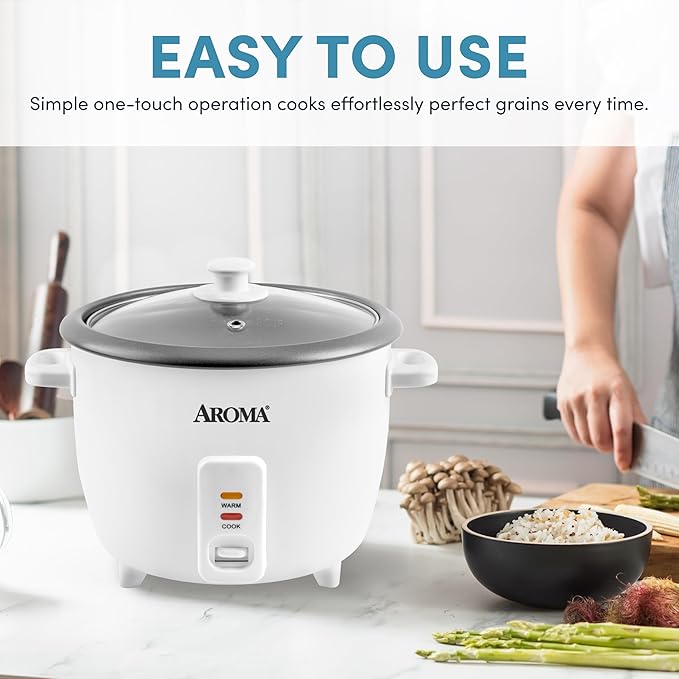 AROMA® Rice Cooker, 8-Cup (Uncooked) / 16-Cup (Cooked), Pot-Style Rice Cooker and Soup Warmer with One-Touch Control, 4 Qt, White, ARC-368NG