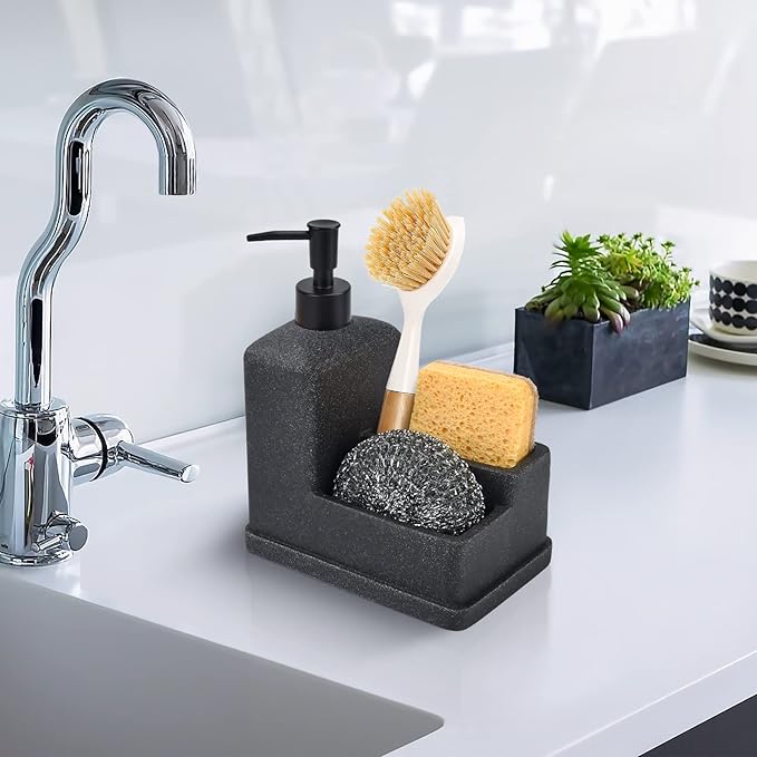 Dish Soap Dispenser with Sponge Holder,Liquid Hand and Dish Soap Dispenser and Spong Caddy with Brush Holder 3 in 1 Countertop Organizer for Kitchen Sink and Bathroom,Black