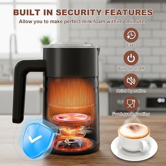 4 in 1 Electric Milk Frother Automatic Hot & Cold Foam Maker Auto Shut-Off Durable Stainless Steel Milk Frother Enjoy Perfect Milk Froth in 2 Min for Macchiato (Black-With Digital Display)