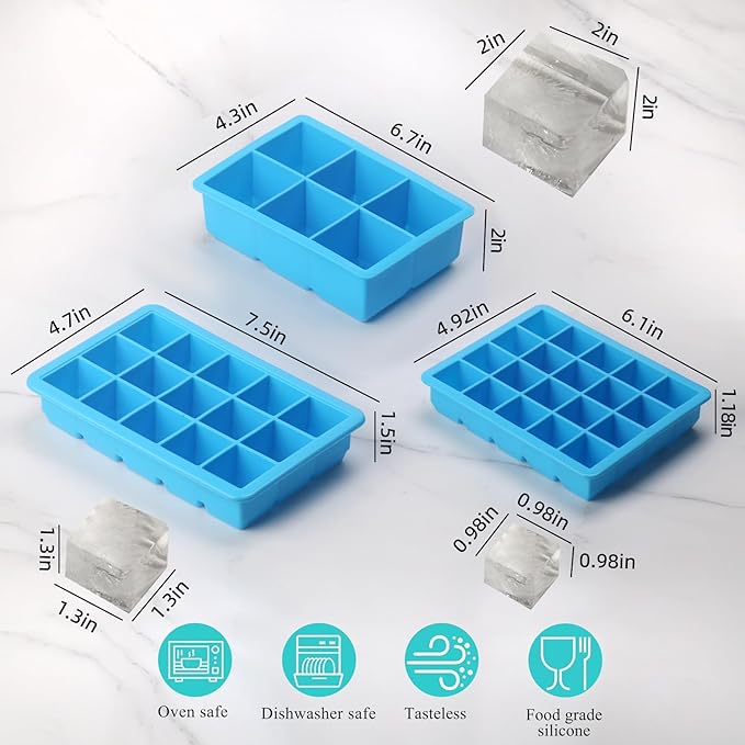 3-Pack Silicone Freezer Trays with Lid,6 Large 1/2-Cup(125ml)&15 Medium 2 Tbsp(30ml)&20 Small 1 Tbsp(15ml) Soup Freezer Container Molds,Perfect for Storing Garlic,Herbs,Pesto and More (Blue 3 Pack)