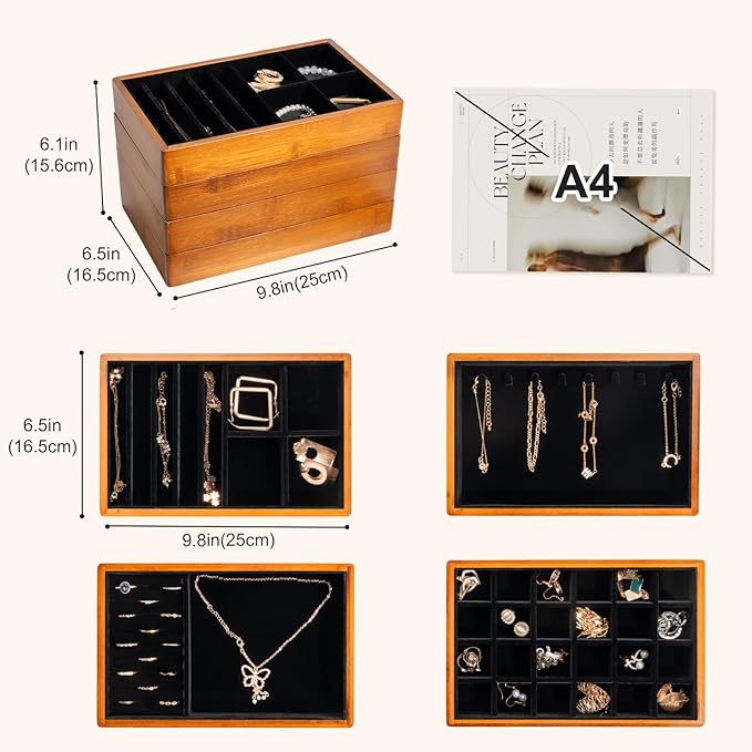 ProCase 4-Set Bamboo Stackable Jewelry Organizer Tray, Jewelry Drawer Inserts Container Display Case Storage for Earring Necklace Rings Bracelet with Removable Dividers -Black