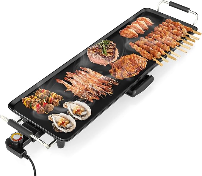 LDAILY Extra Large Nonstick Electric Griddle, Teppanyaki Grill BBQ W/ 4 Adjustable Temperature, Even Heating & Handles, Long Table Top Pancake Griddle Grill for Indoor & Outdoor Party, Camping（27’’）