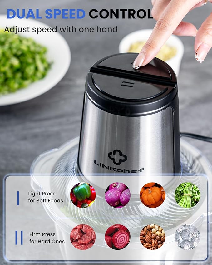 LINKChef Food Processor Small, 6 Cup Food Chopper with Container, 1.5L 250W Electric Meat Grinder for Home Use, Stainless Steel Mini Food Processor for Kitchen, Vegetable, Onion, Garlic, Salad