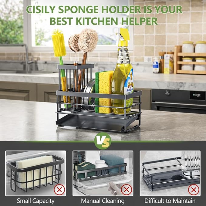 Cisily Sink Caddy Sponge Holder for Kitchen with Brush Holder and Stainless Steel Self Drain Tray, Rustproof Kitchen Sink Organizer for Sponge, Soap Dispenser Storage Accessories (Gray)