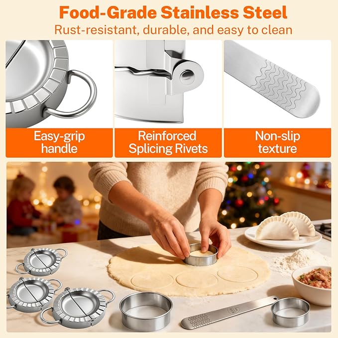 3-in-1 Stainless Steel Dumpling & Empanada Maker Set | Professional Press Mold with 3 Sizes (3.8", 5", 6") & Dough Cutters, Stuffing Scoop | Dishwasher Safe for Easy Clean