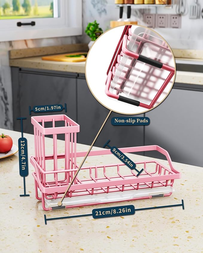 Consumest Sponge Holder for Kitchen Sink - Kitchen Sink Caddy Organizer with Removable Drip Tray for Countertop Dish Soap Dispenser Brush Storage Accessories 304 Stainless Steel, Pink