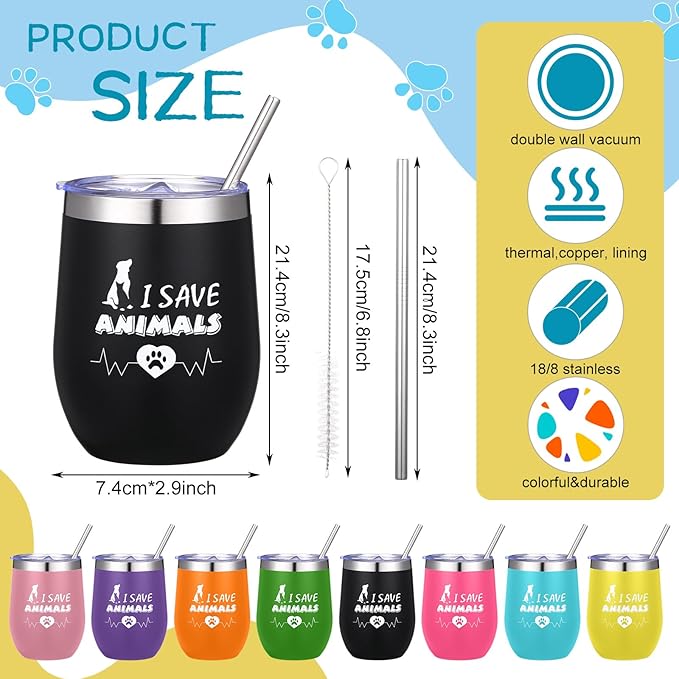Sliner 8 Pcs Vet Receptionist Week Tumbler with Lid 12oz Stainless Steel Veterinarian Wine Cups for Veterinary Technologists Animal Rescue Volunteers Staff Coworker Gift
