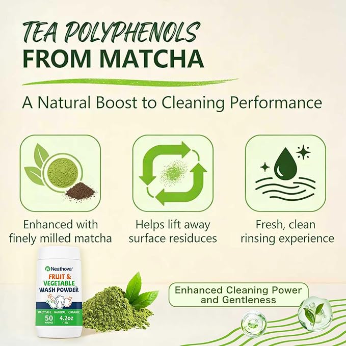 Fruit & Veggie Wash Powder, Natural Organic Produce Cleaner for Pesticides & Wax Removal, Baby Safe Eat Cleaner for Fruits & Vegetables, 50 Washes, 4.2oz (120g), Extra Matcha Powder & Tea Polyphenols