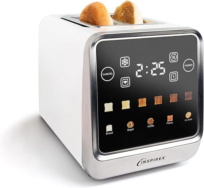 Inspirex Touch Screen Toaster - 2 Extra Wide Slots - 5 Bread Types and 6 Browning Levels - Defrost, Reheat, Favorite, & Single Slot Modes - For Toast, Bagels, & Waffles – White