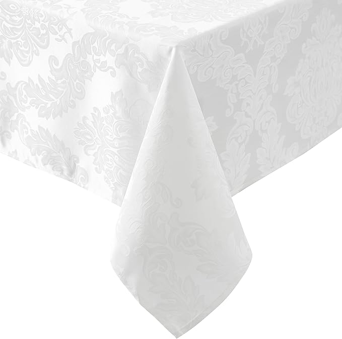 Newbridge Barcelona Luxury Damask Fabric Tablecloth, 70” Extra Wide x 108” Rectangle, White, 100% Polyester, No Iron, Soil Resistant Dining Room, Party and Banquet Table Cover
