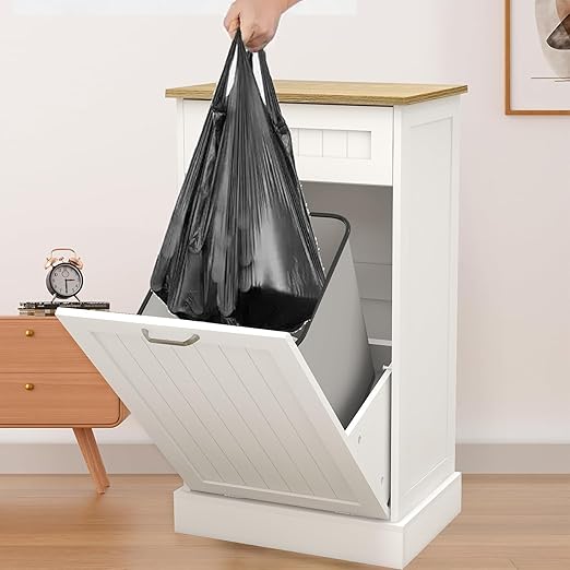 RASOO Tilt Out Trash Cabinet Wooden Freestanding Dog Proof Single Door 10 Gallons with Drawer Trash Can Cabinet