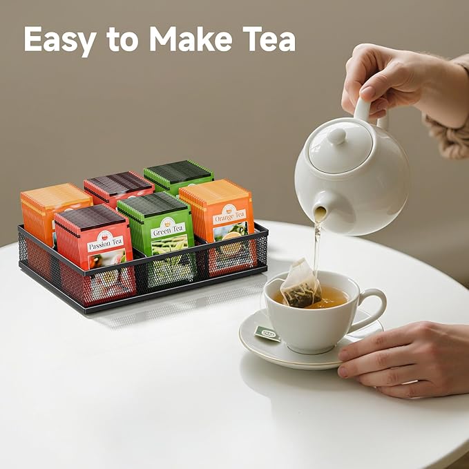 Tea Bag Organizer 6 Grids. Mesh Tea Bag Holder with Handle, Teabag Holder, Tea Station Organizer for Countertop, Pantry, Kitchen, Cabinet - Black