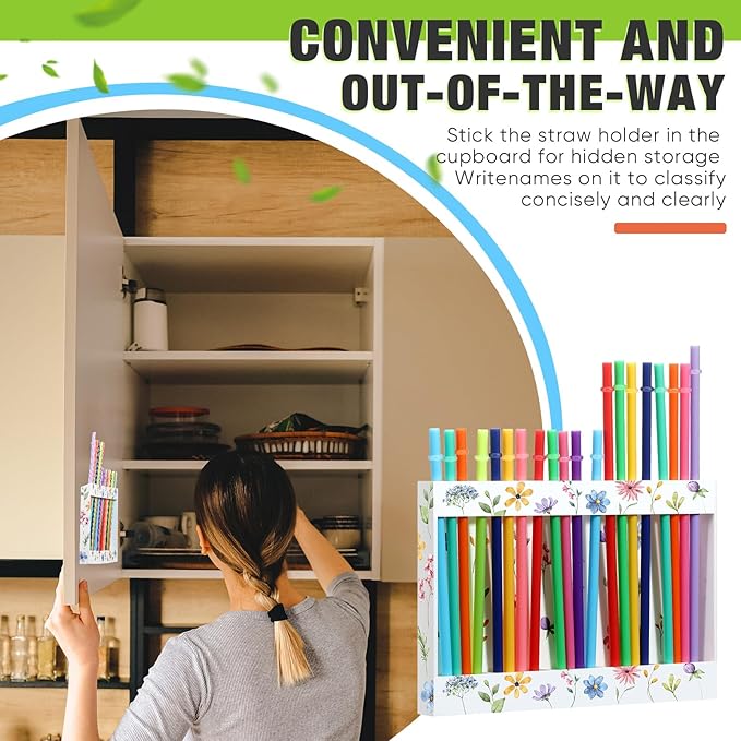 Qinyoung Acrylic Straw Holder for Cabinet Door with Double Sided Adhesive Tape Reusable Straw Organizer Tumbler Storage Kitchen Accessories Container for Counter Cupboard(Floral,Large,White)