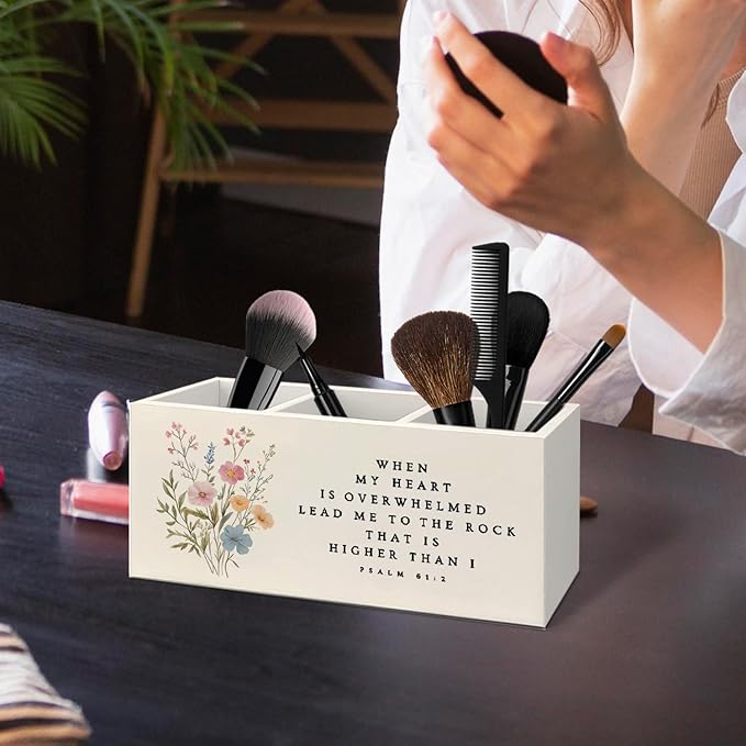 Floral Christian Wooden Utensils Holder, Wildflower Psalm 61 : 2 Bible Scripture Religious Wood Cooking Utensil Holder Organizer for Kitchen Countertop Counter Decor Accessories