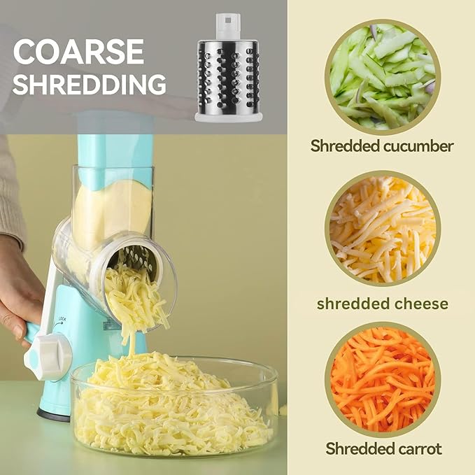 Rotary Cheese Grater, Kitchen Grater Vegetable Slicer with 3 Drum Blades, Manual Vegetable Slicer & Shredder for Vegetables and Nuts – Strong Suction Base & Stainless Steel Blades