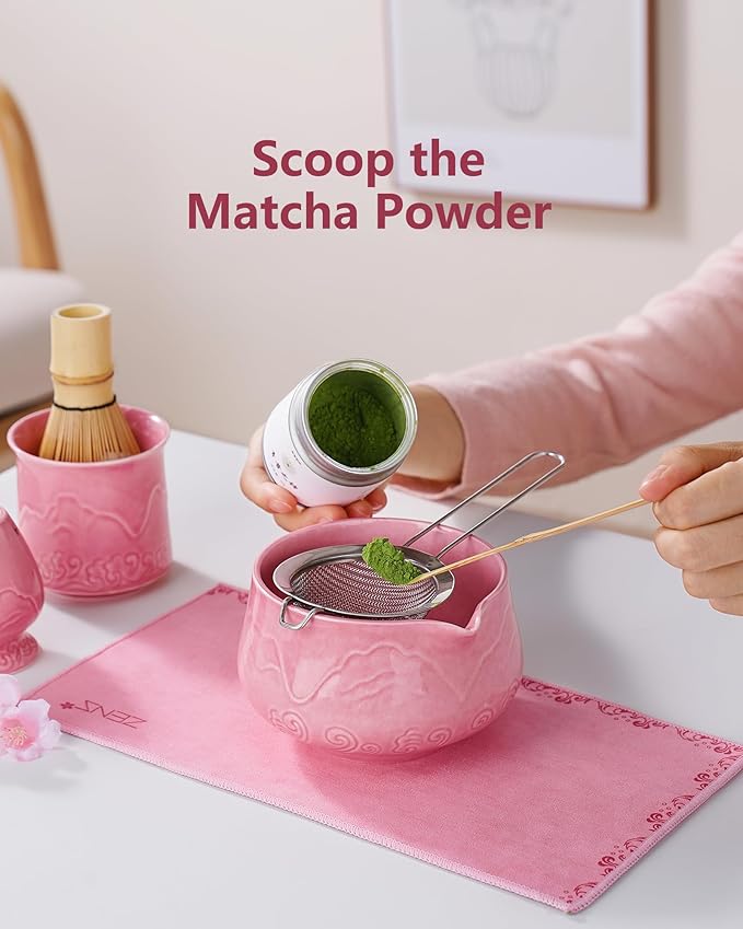 ZENS Pink Matcha Set, 7pcs Matcha Whisk Set Includes 15oz Ceramic Bowl and Cup for Bamboo Whisk, (Chasen Holder), Scoop, 304 Sifter and Tea Mat, Pink Matcha Kit for Matcha Lovers