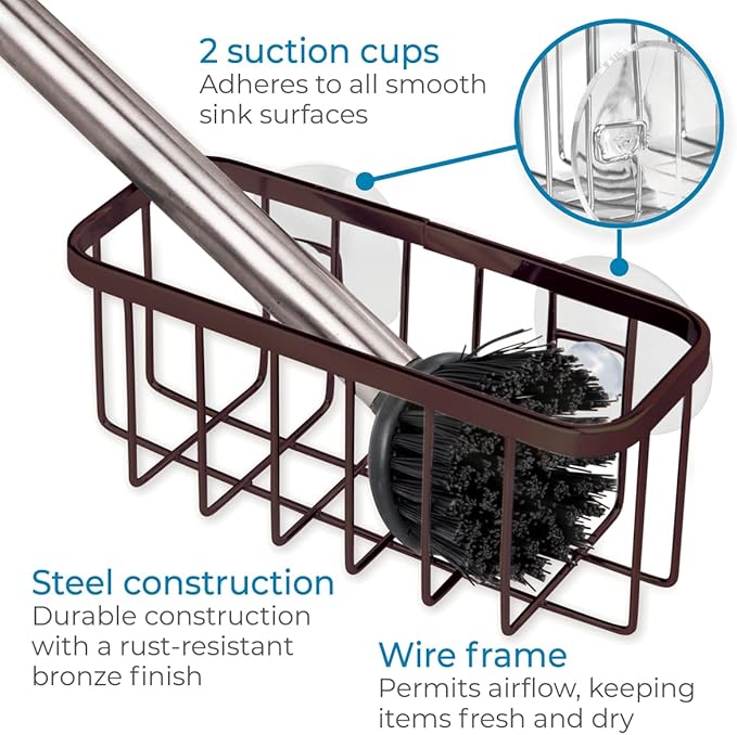 iDesign Gia Sink Suction Holder for Sponges, Scrubbers, Soap in Kitchen, Bathroom, Bathtubs, 5.75" x 2.25" x 2.5" - Bronze