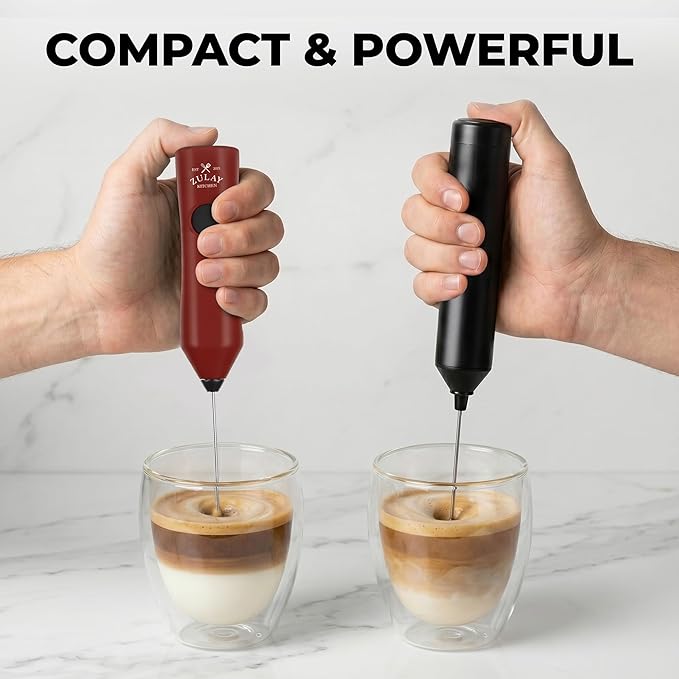 Zulay Kitchen Rechargeable Milk Frother - Dynamic - 3 Speeds, 3 Whisk Attachments, 500 mAh USB Charging, Drink Mixer For Latte, Cappuccino, Matcha, Protein Powder, Coffee Foam - Red Black