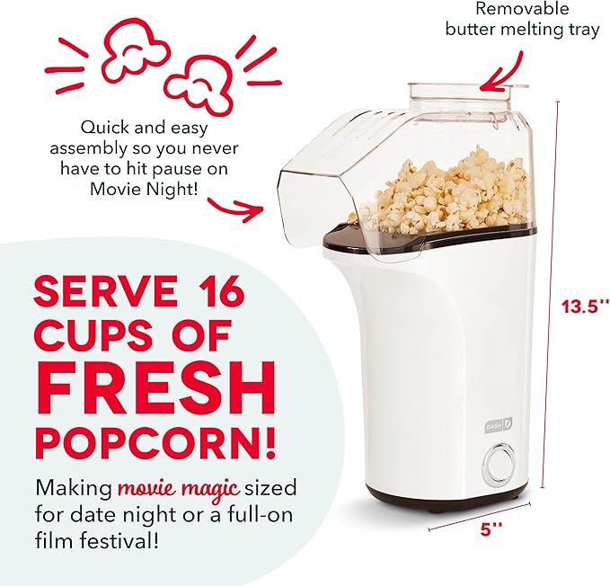 DASH Fresh Pop Popcorn Maker - Oil-Free, Air Popcorn Popper - With Measuring Cup & Recipe Guide - Perfect for Movie Nights - 16 Cups, White