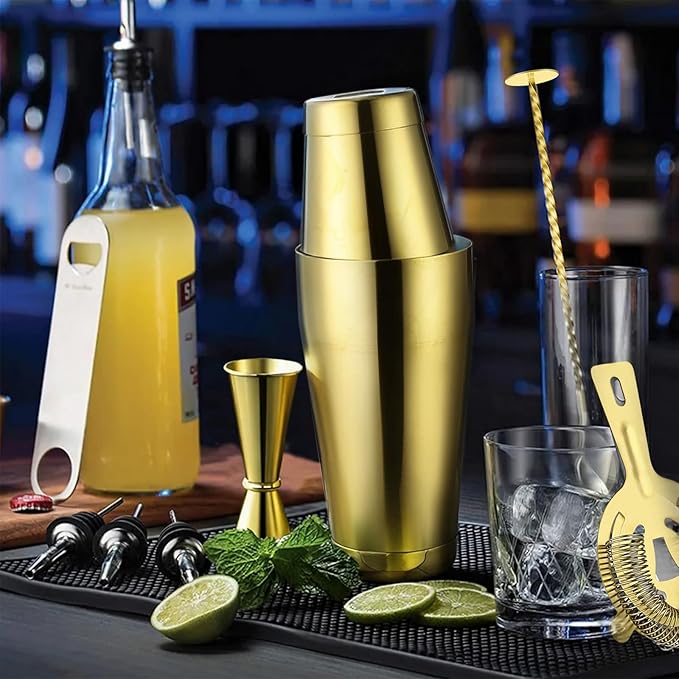 Mwellewm Cocktail Shaker Boston Shaker Set 15 Pcs Professional Bartender Kit Bar Shaker Stainless Steel Drink Shaker Bartending Beginner Martini Shaker Tin Mixed Alcohol Shaker Tool(Gold)