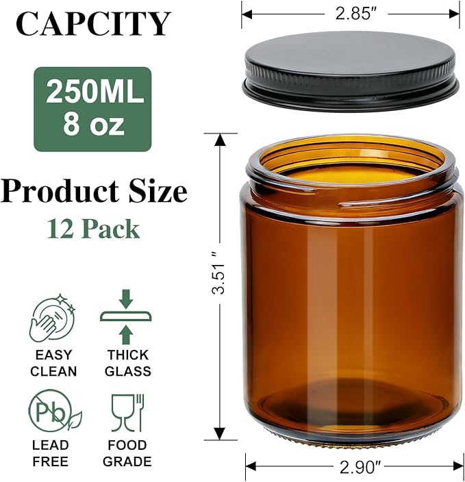 8oz Amber Candle Jars Set of 12,Round Glass Jar with Black Lids,Empty 250ml Glass Candle Making Jar Bulk Thick Small Food Storage Jars for Spice,Candy,Powder